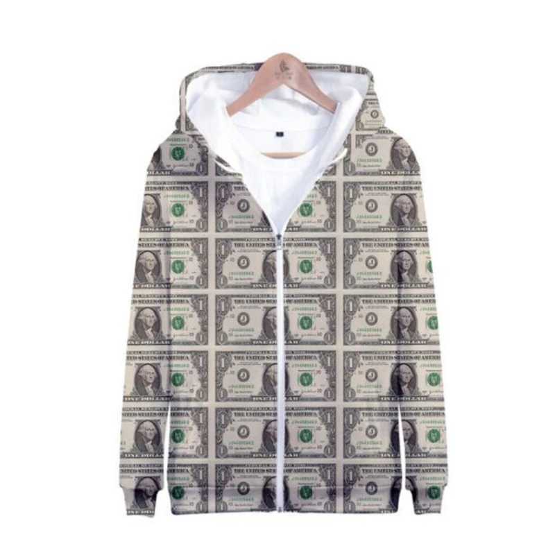 Fashion Dollar Pattern Zipper Hoodie Trend Autumn Long Sleeve 3D Banknotes Printed Sweatshirt Loose Casual Strtwear Pullovers X250227