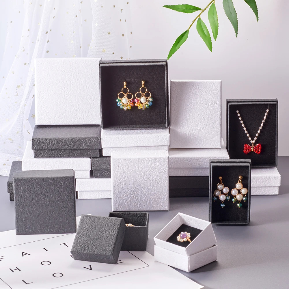 pandahall 15/18/24pcs Cardboard Jewelry Set Box for Ring Necklace Bracelet Rectangle Tan Black White Kraft Cotton Filled Paper 250222