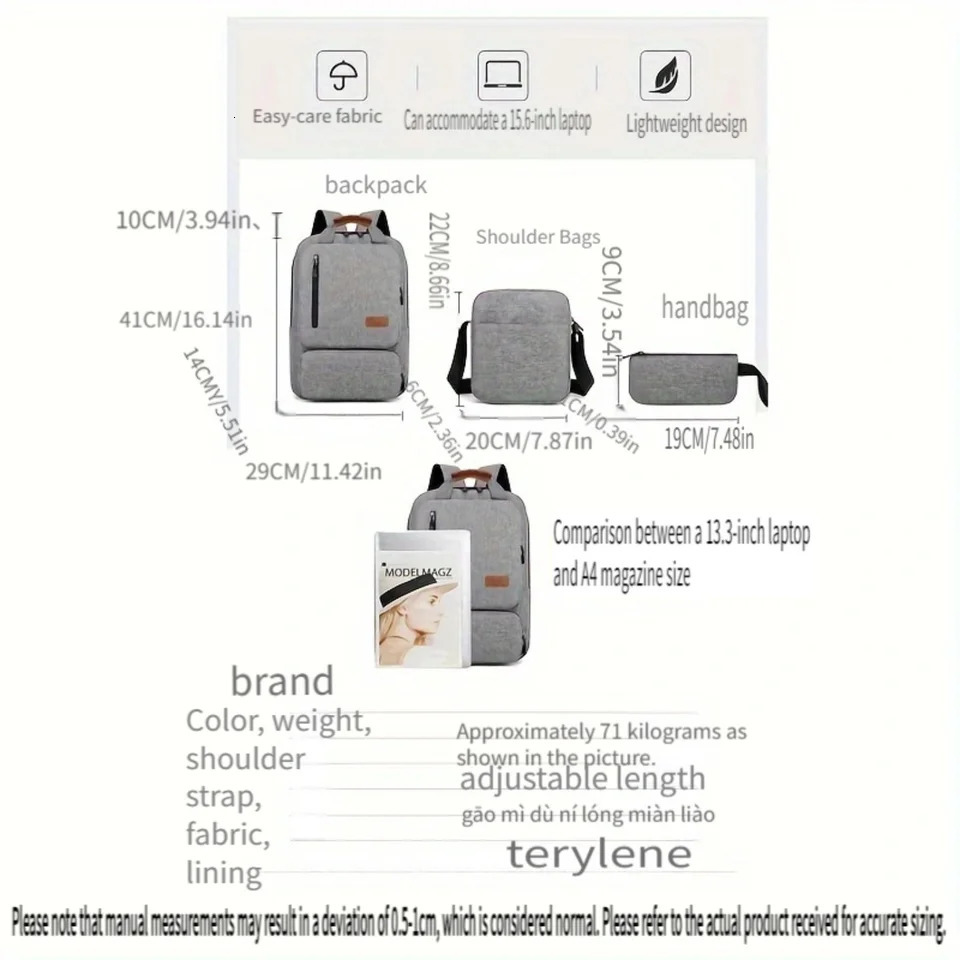 Ship from US Set Backpack Large Capacity Computer With USB Charging Port Crossbody Bag Clutch 250227FBB