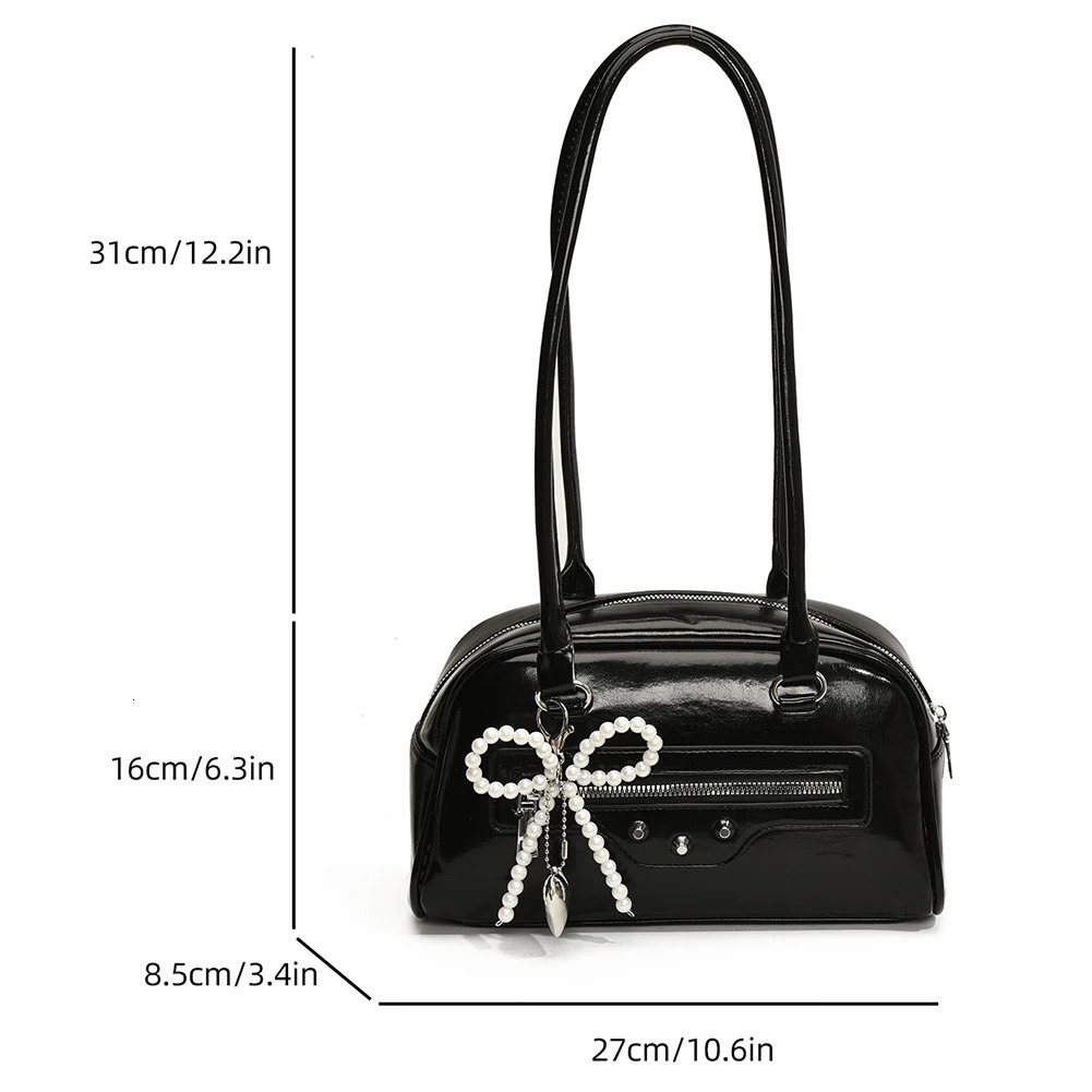 Ship from US Women PU Shoulder Bag Trendy Tote Handbag Large Capacity Chic Hobo Zip Closure with Bow Pendant Outdoor Travel 250227FBB