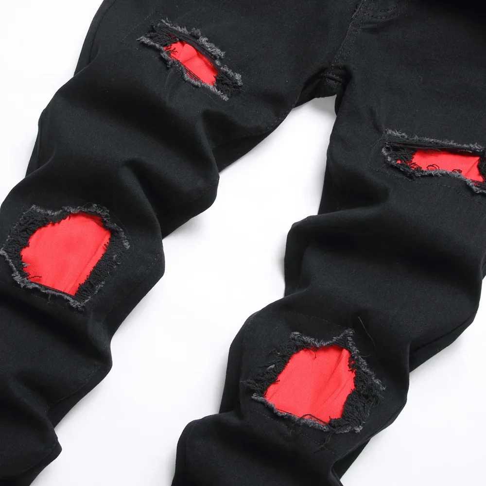 Mens Fashion Holes Patch Stretch Black Skinny Jeans Trouser Distressed Cotton Male Casual Jogging Denim Pants X250227