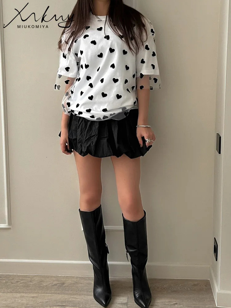 Summer Oversized Mesh T Shirt Women Short Sleeve Red Heart Tulle Top Tees Casual Loose Cotton Chic Two Piece T-Shirt For Women 250226