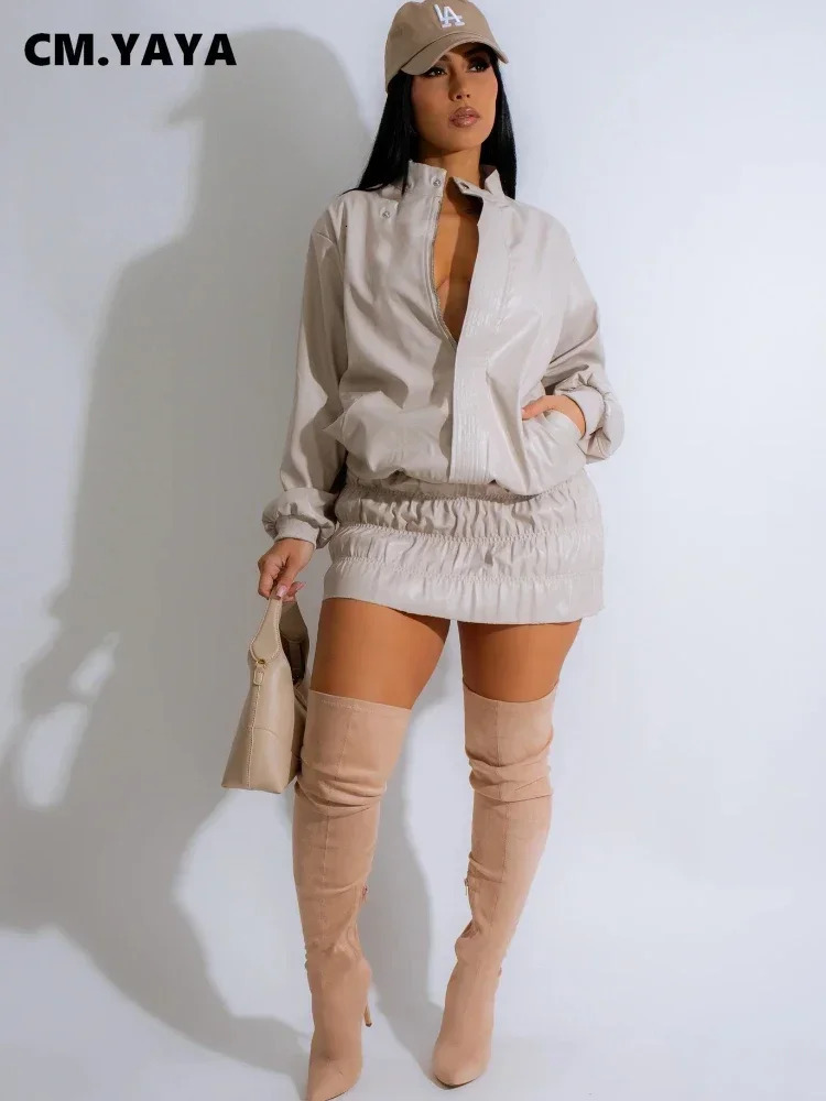 CM.YAYA Women Mini Ruched Skirts Set Full Sleeve PU Leather Jackets Two 2 Piece Set Outfits Fall Casual Street Night Club 250226