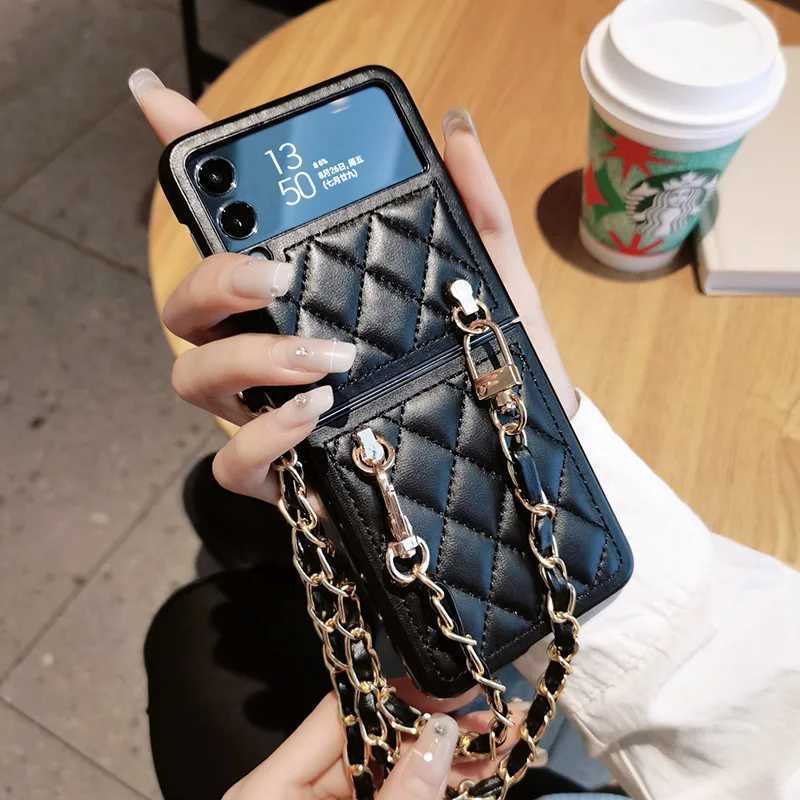 Fashion Crossbody Lanyard Rhombus Lambskin Leather Phone Case For Galaxy Z Flip 6 5 4 3 5G Long Chain Cover Z250227