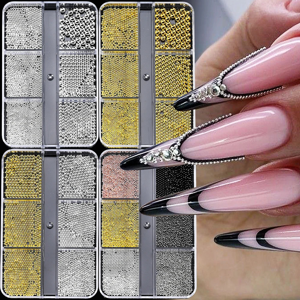 6Girdbox Stainless Steel Caviar Beads Nail Art MixedSize Alloy GoldSilver Gun Bead Charms 08m Manicure Micro Ball 250217