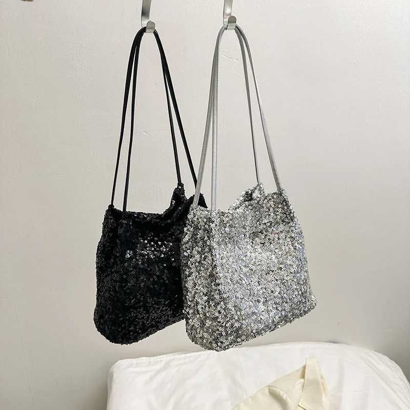 New Arrival Womens casual solid color handbag large capacity sequin handbag luxurious sparkling bucket handbag womens shoulder bag T250227