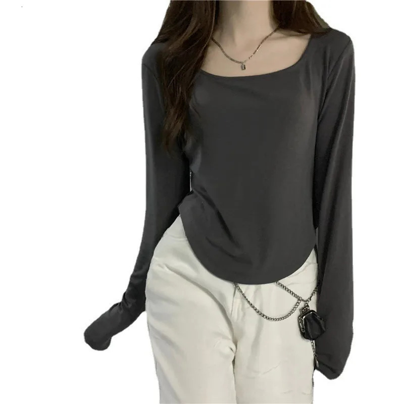 Square collar long sleeved Tshirt for women in spring and summer irregular hem slim fit casual top winter solid bottom shirt Korea 250226