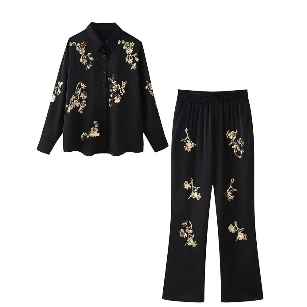 Zach Ailsa Summer Product Womens Satin Texture Sequins Heavy Industry ed Shirt High Waist Long Pants Set 250226