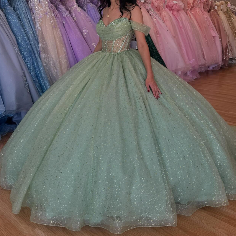 Green Shiny Quinceanera Dresses Ball Gown Off The Shoulder Beading Crystal Tull Corset Party Birthday Sweet 16 Vestidos 15 De Anos