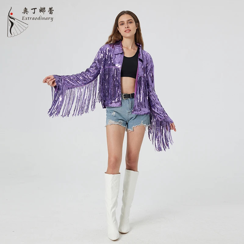 Distinctive Womens Sequin Suit Jacket Tassels Informal Occasion Purple Coat 250227