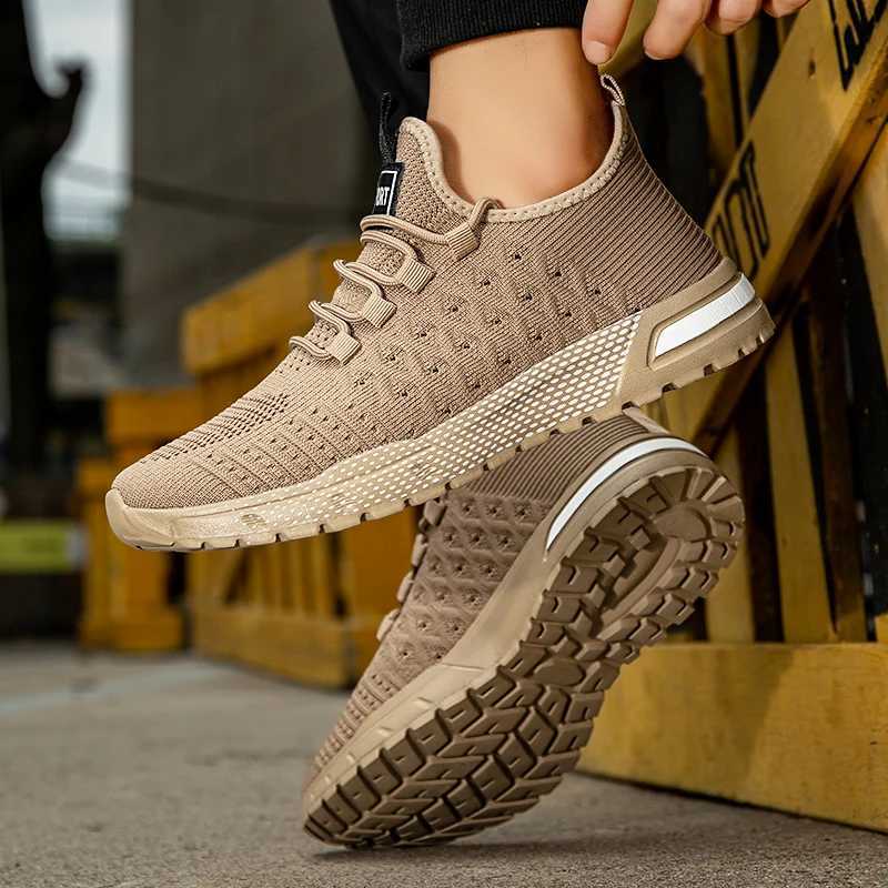 Mens running shoes anti slip lace casual shoes fashionable knitted sports shoes breathable mesh walking shoes fitness training flat shoes Z250227