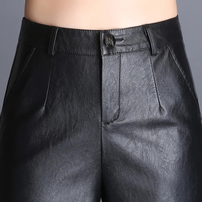 ZUZK Women Wide Leg PU Leather Pants Autumn Winter Fashion Warm Long Straight Elegant Trousers 250227