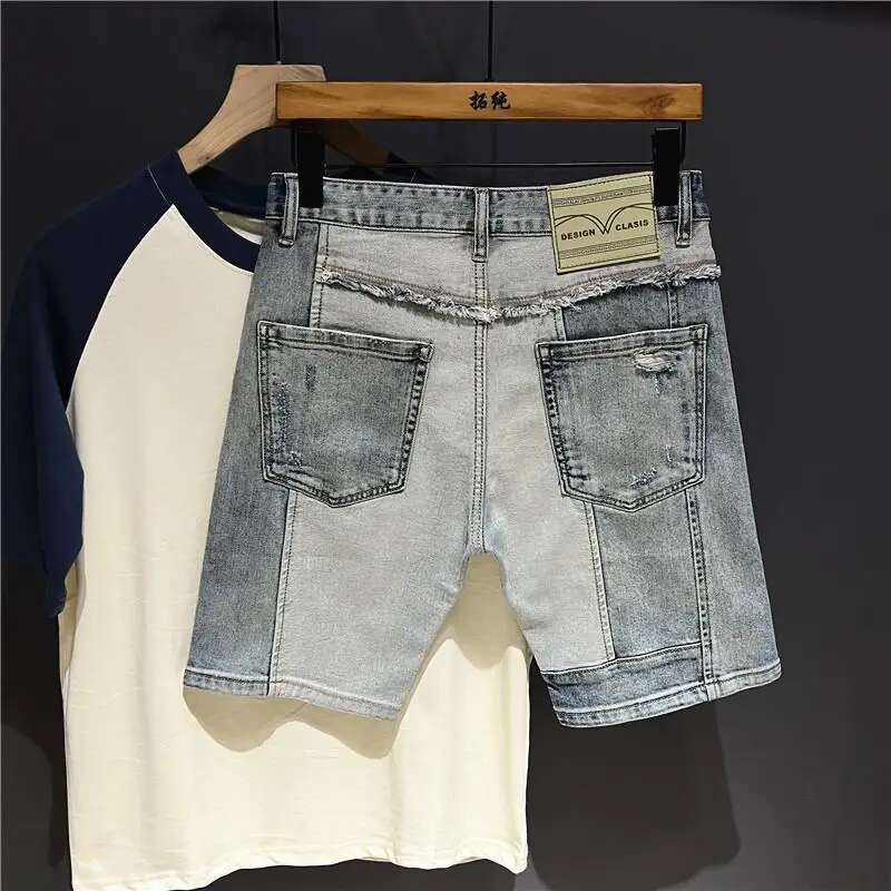 New Style Clothes Korean Clothing Men's Knee-Length Spliced Cowboy Denim Shorts Stretch Casual Short Jeans Man