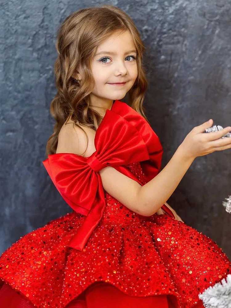 Girl's Dresses Girls Red Mesh Dress Luxury Sleeves Elegant Girls Evening Dress Summer Fashionable Sequin Princess 3-10 Y girls graduate dress Y25