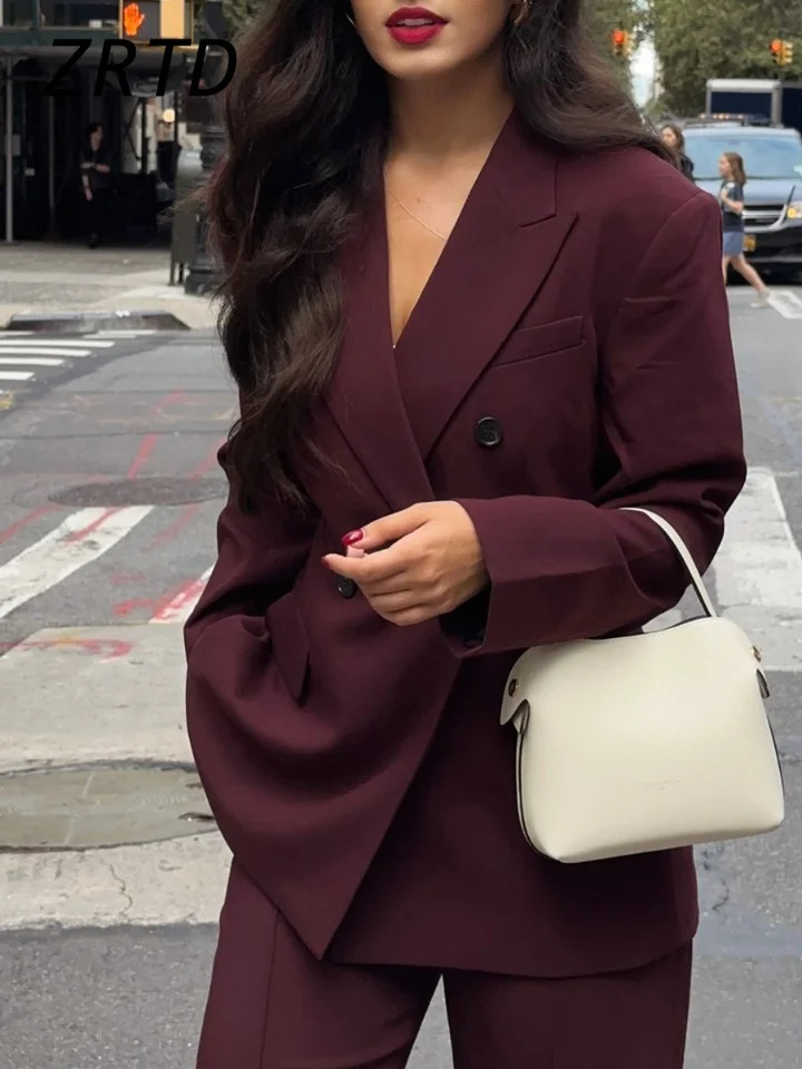 Vintage Womens Burgundy Blazers Elegant Lapel Double Breasted Pocket Full Sleeve Suit Jacket Autumn Lady Office Outwear 250226