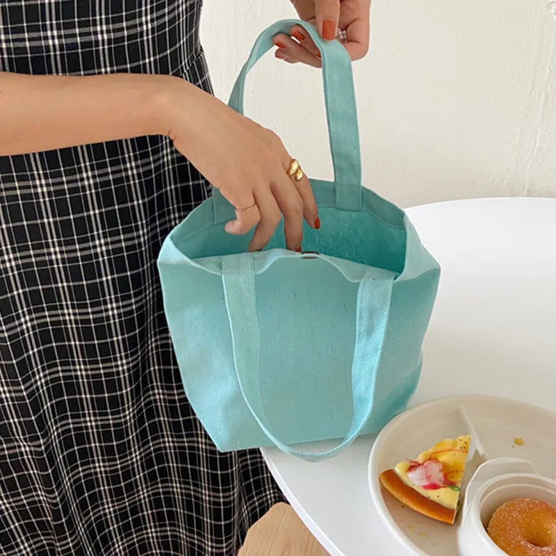 Canvas Bag Simple Women Shoulder Foldable Picnic Pouch Small Tote Black Shopper Large Capacity Student Lunch Box Solid Color 250221
