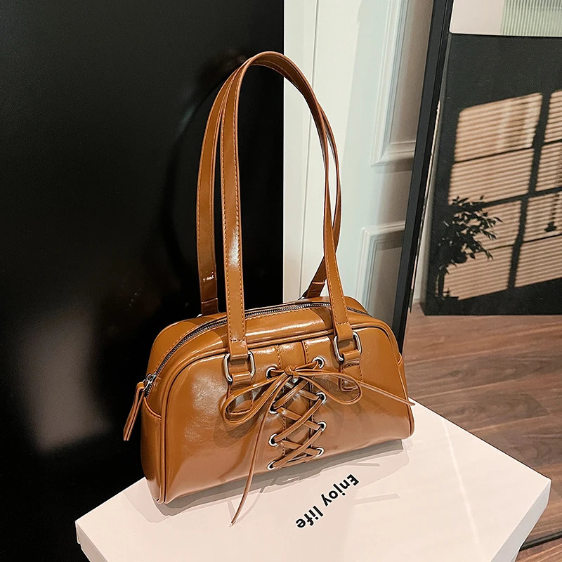 Ship from US Boston Tote Bag for Women with Zipper Bowling Handbag PU Leather Underarm Hobo Work Travel 250227FBB