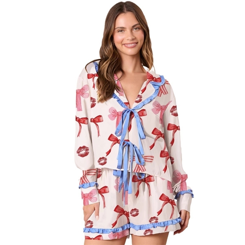 Women Tracksuits Two Pieces Set 2025 New Pleated Long Sleeved Thin Printed Valentines Day Series Pajamas Casual Set 5 Colors