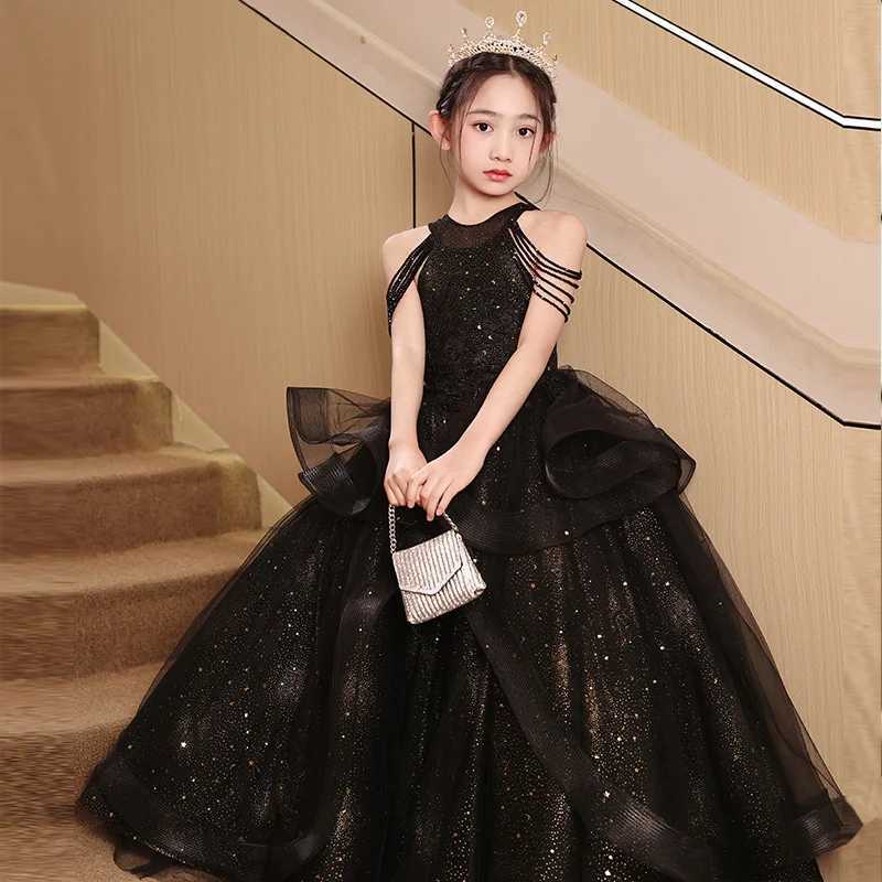 Girl's Dresses 3 Styles Girls Princess Dress 3-8T Light Luxury Halter Beading Off Shoulder Tassels Prom Gown Golden Sequins Flower Girl Dress Y25