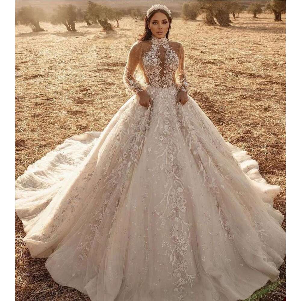 Classic Ball Gown 3d-ral Dresses Appliques Lace Illusion Tulle Chapel Wedding Dress Zipper Custom Bridal Robe