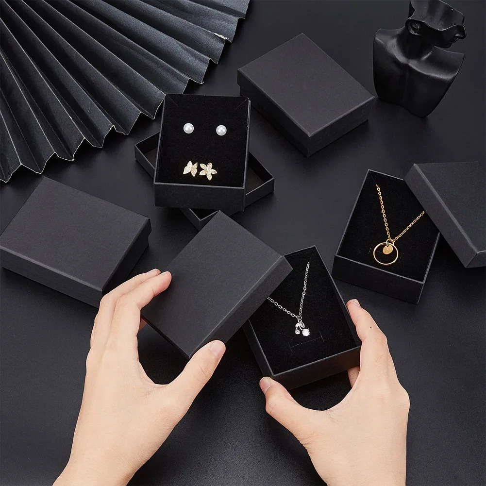12Pcs Square Rectangle Cardboard Paper Jewelry Set Boxes for Ring Necklace Jewelry Display Gift Package with Black Sponge inside 250222