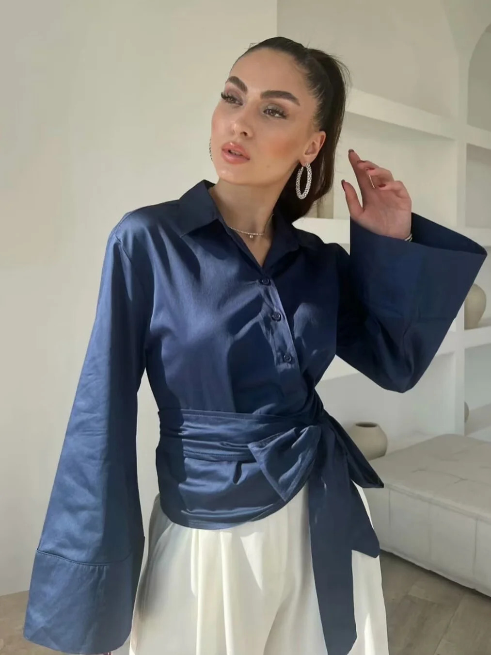 Long Sleeve Kimono Blouses With Bow Tie Black Casual Polo Neck Blouse Woman Front Button Up Double Breasted Poplin Shirts White 250226