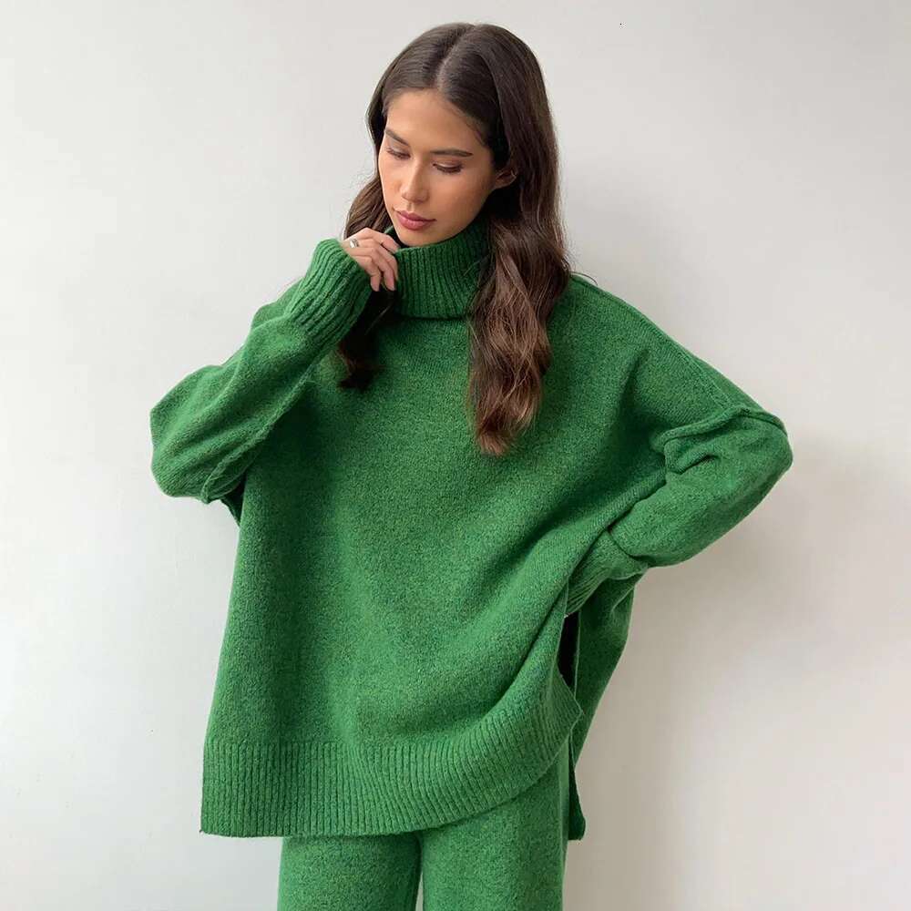 2025 Turtleneck Sweater Women's European, American Autumn And Winter New Loose Casual Lazy Thickened Knitted Trousers Set