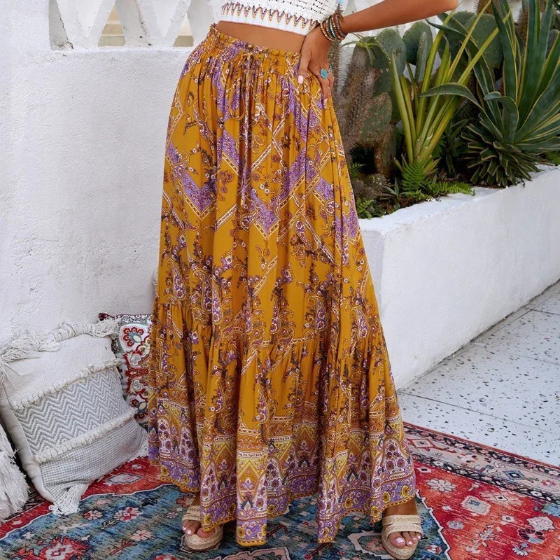 Bohemian Long Skirt Plants Flowers Print Long Maxi Skirts Casual Parties Vacations Skirt 250226