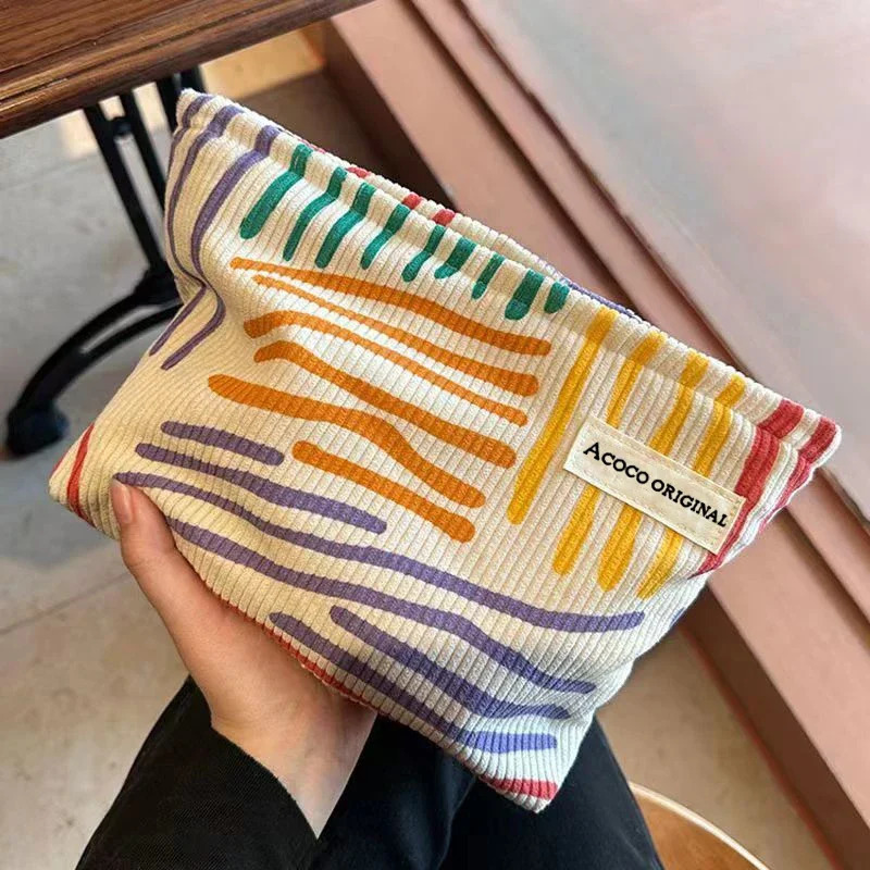 Ship from US Colorful Stripes Corduroy Cosmetic Bag Portable Travel Toiletry Skincare Sundries Aesthetic Makeup Storage Perfume shelf 250227FBB