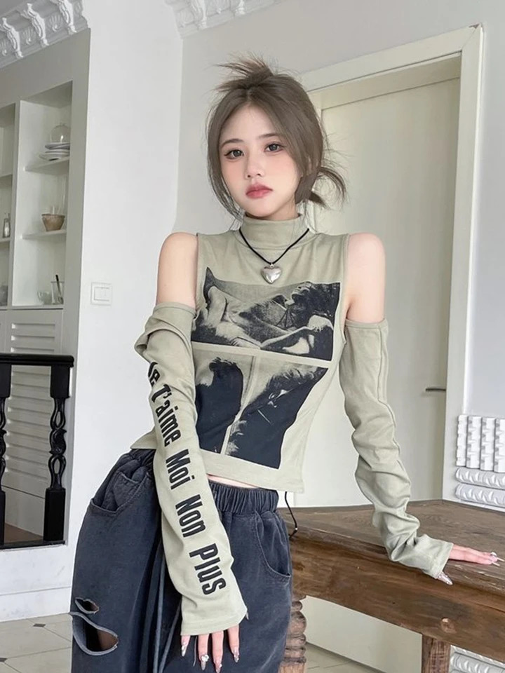Zoki Sexy Cropped Y2K T Shirts Women Hollow Out with Sleeves Slim Tops Vintage American Harajuku Turtleneck Female Punk Tees 250226