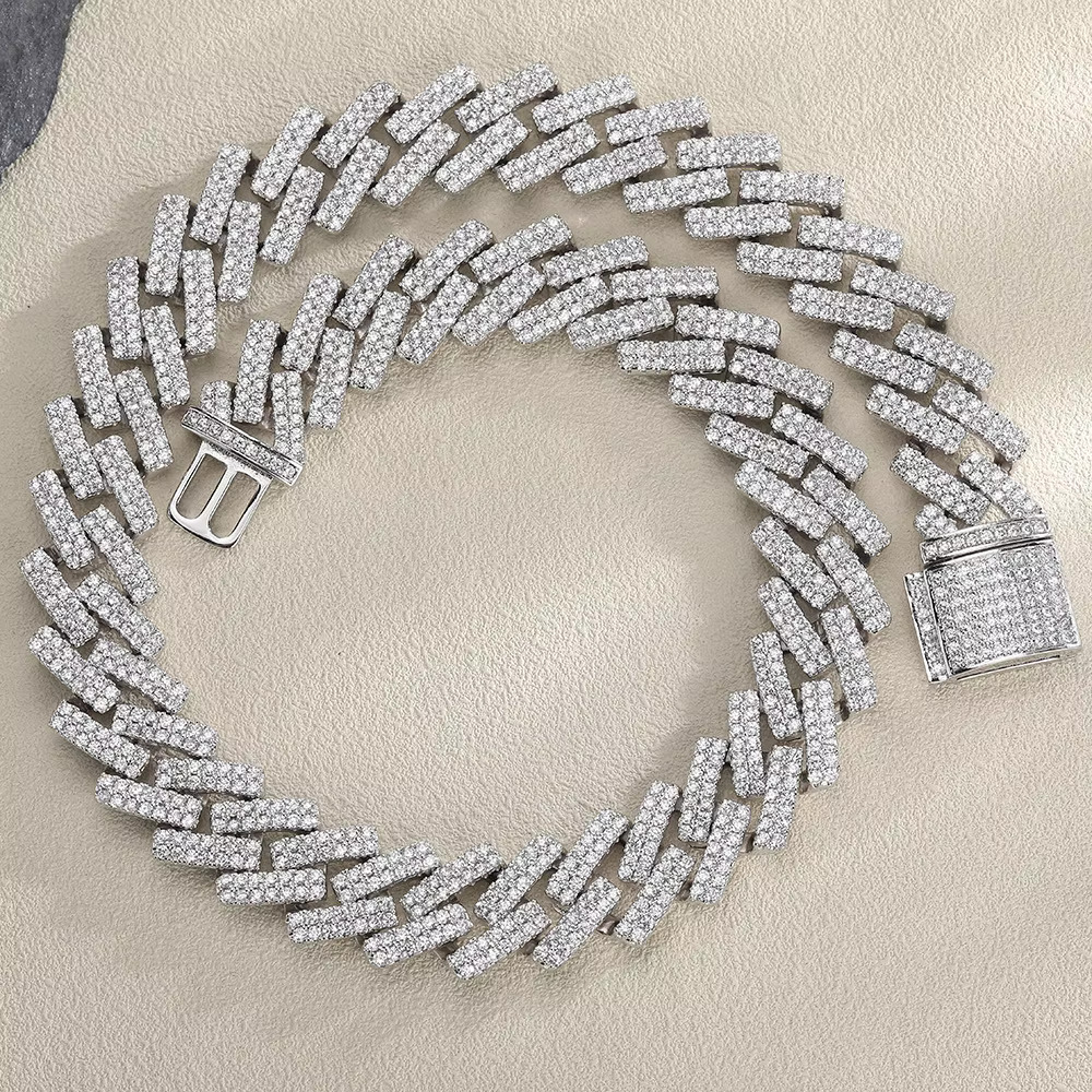 European American Fashion 18mm Copper Gold-Plated Zircon Miami Cuban Chain Necklace 2 Rows k Number Shape Alloy Moissanite