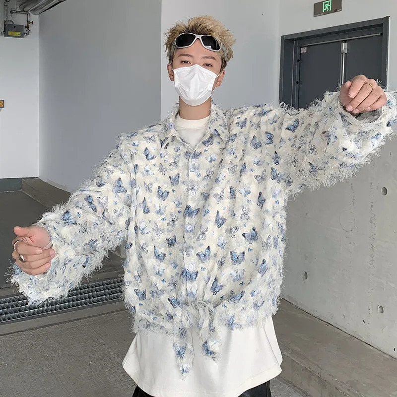 Summer Thin Shirt Three-dimensional Butterfly Decor Long Sleeve Shirt Tassel Casual Fashion Loose Male Sun-proof Clothing 250224