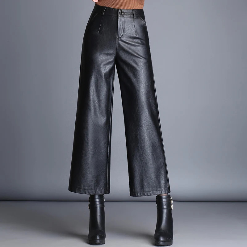 ZUZK Women Wide Leg PU Leather Pants Autumn Winter Fashion Warm Long Pants Straight Elegant Leather Trousers 250226