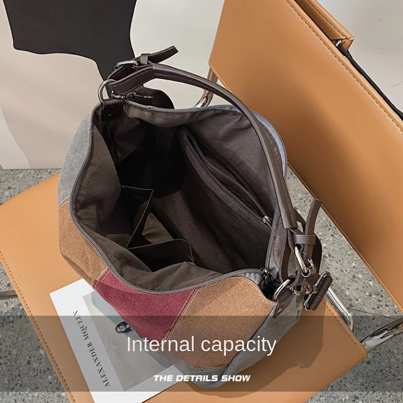 Ship from US Retro Patchwork Canvas Hobo Bag | Fashion Shoulder Tote Vintage Style Handbag With Adjustable Strap Chic Casual Daily Purse 250227FBB
