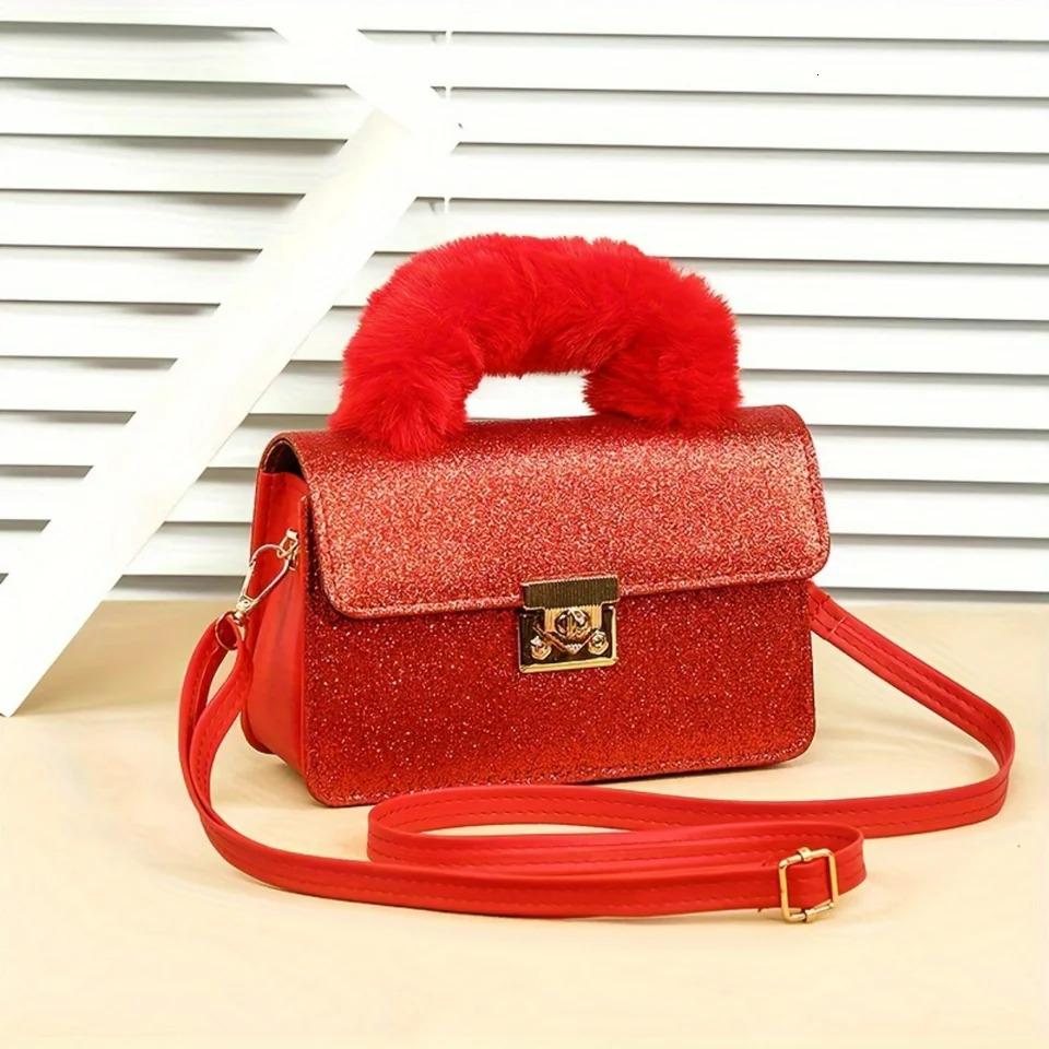 Ship from US Trendy Glitter Handbag Women Sequins Crossbody Bag Cute Plush Handle Purse Carnival Mardi Gras Music Festival 250227FBB