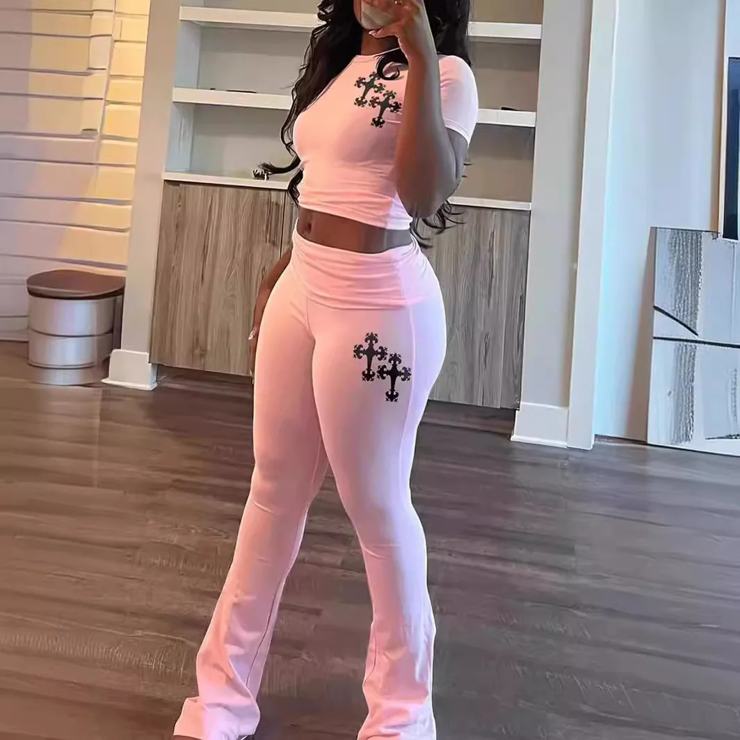 Crop Tops Graphic Shirts 2 Piece Pant Sets Outfit Women Y2K Streetwear Tracksuits Summer Sexy Pink Two Piece Pant Sets 250226