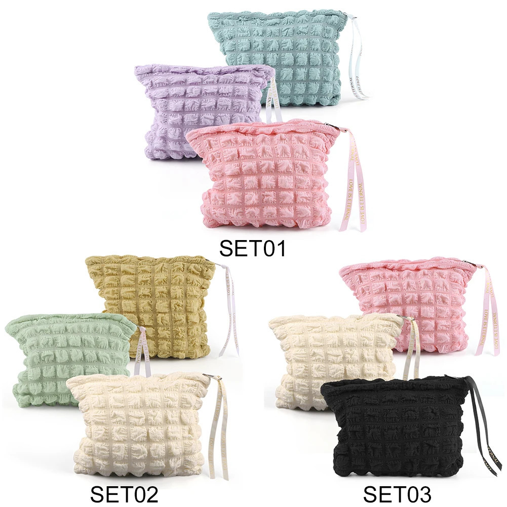 Ship from US 3Pcs Travel Toiletry Bag Solid Color Makeup Organizer Large Capacity Zipper Pouch Lightweight Storage Clutch 250227FBB