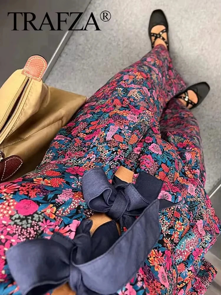 TRAFZA Floral Print Blouse Pant Suit For Women Bow Lace Up O Neck Shirts Casual High Waist Straight Trousers Female Streetwear 250226