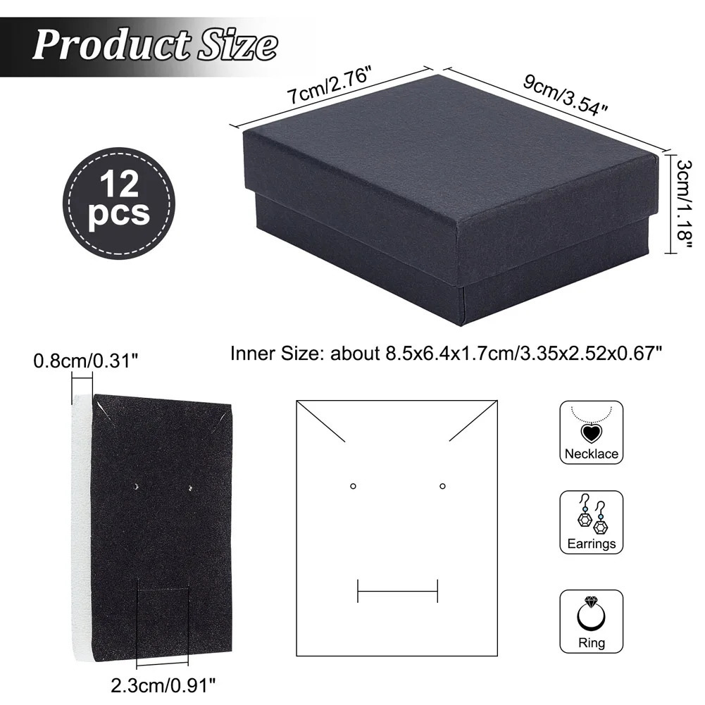 12Pcs Square Rectangle Cardboard Paper Jewelry Set Boxes for Ring Necklace Jewelry Display Gift Package with Black Sponge inside 250222