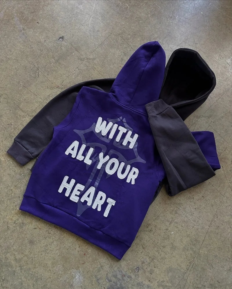 Retro Colorful Harajuku Y2K Clothing Women Street Hiphop Punk Oversized Sweatshirt Goth Cross Trendy Casual Zipper Hoodie Men 250227