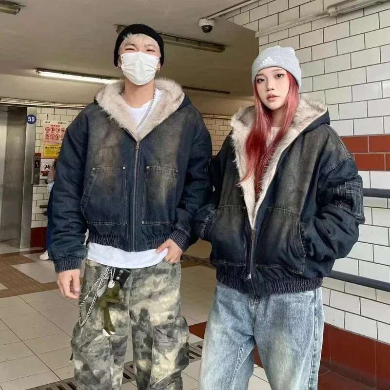 Autumn winter new loose denim thick and warm retro design, hooded cotton jacket, fashionable men's or women's jacket