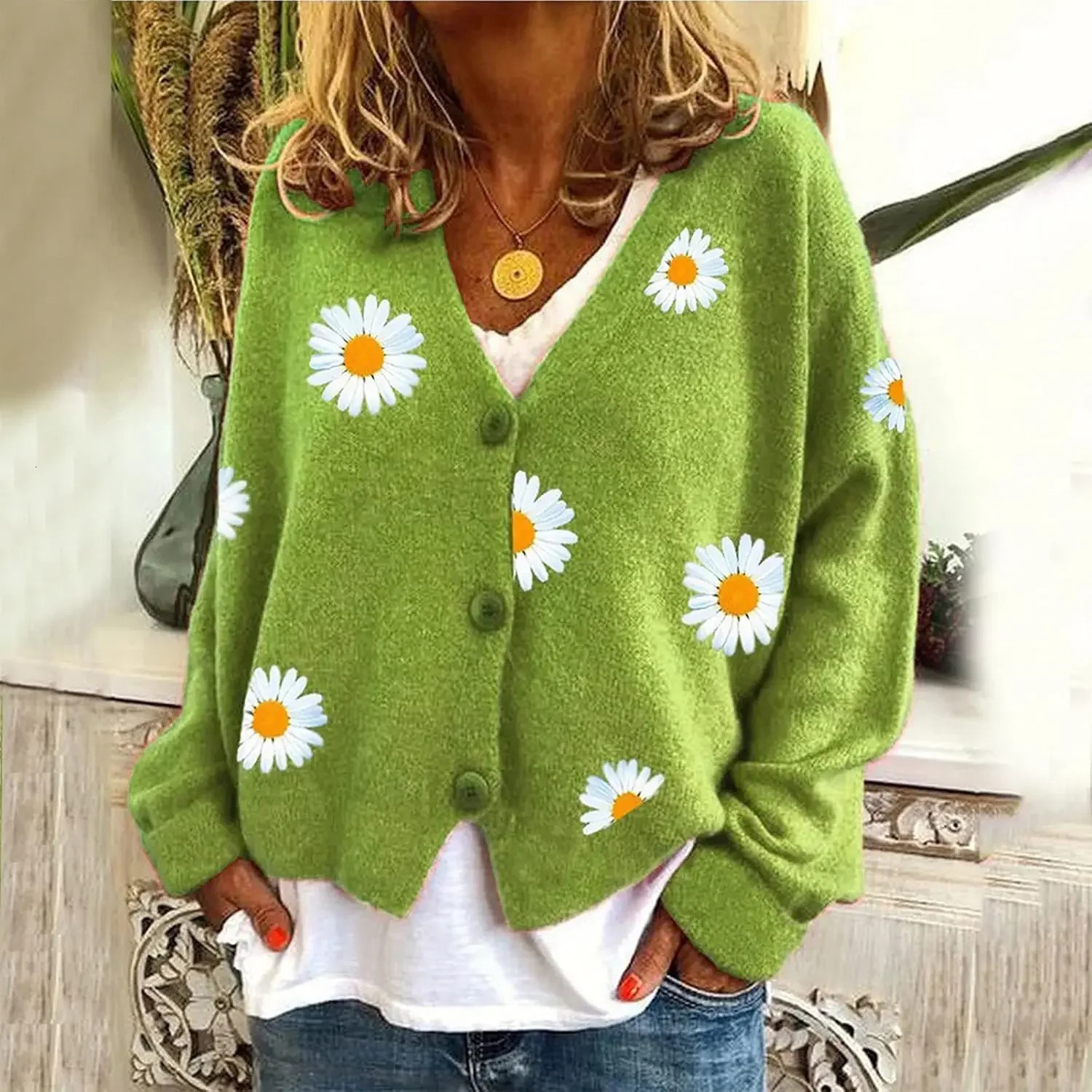 Womens printed long sleeved Vneck sweater with button hem and ribbed cuffs knitted cardigan wool 250225