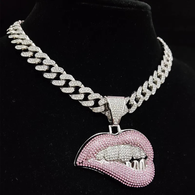 Men Women Hip Hop Bite Lip Shape Pendant Necklace with 13mm Crystal Cuban Chain Iced Out Bling HipHop Necklaces Fashion Jewelry 250227