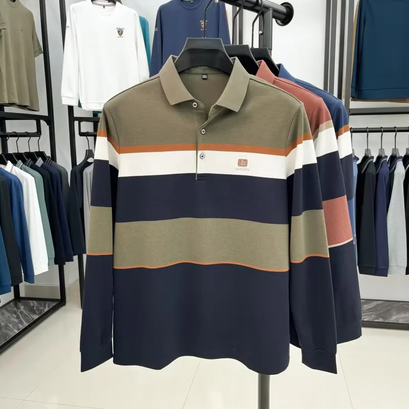 High end striped long sleeved fashionable embossed mens polo shirt 2025 Autumn silk cotton comfortable casual T-shirt 250224