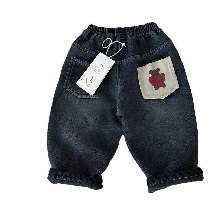 Jeans Childrens Velvet Jeans 2025 Winter Korean Edition New Product Mens and Womens Cartoon Bear Casual Pants Baby Straight Leg PantsY25022782GF