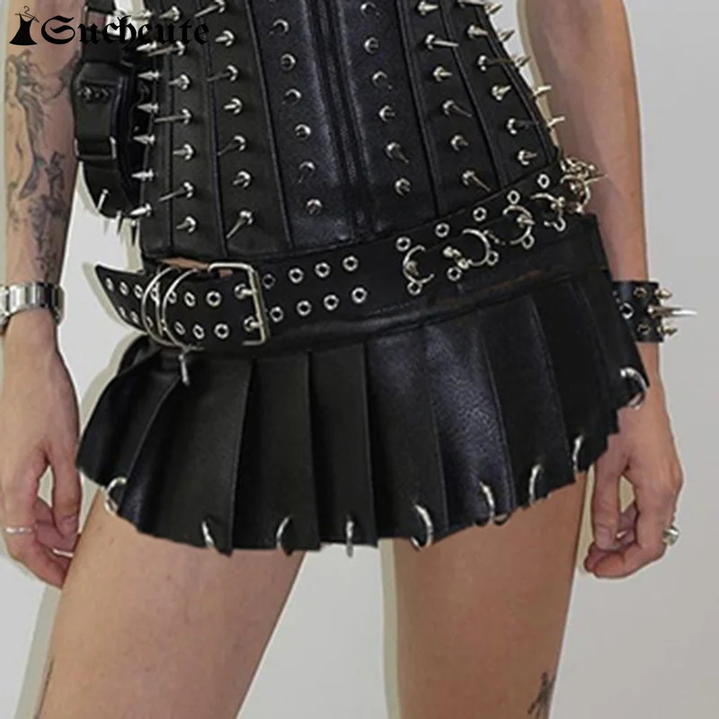 SUCHCUTE Low Rise PU Leather Mini Pleated Skirts Sexy Metal Ring Black Skirt Women Punk Fashion Short Gothic Clubwear Outfits 250226