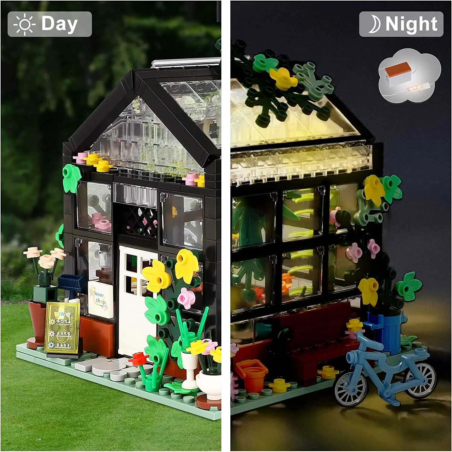Creative Bouquet Store House Bookstore Model Building Block City Landscape Summer Tent Coffee Shop Girl Toy Children Cute Gift Y250227