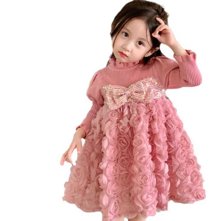 Girl's Dresses Girls Knit Cotton Sweater Dress Flowers Lace A-line Kids Wear Vestido Fashion Clothing Dust Pink Causal Fall Spring Outwear Y25022