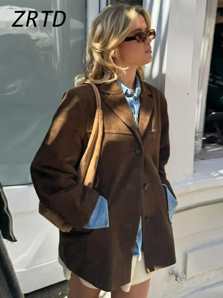 Womens Suede Suit Coats Notched Collar Long Sleeve Single Breasted Shoulder Pads Blazer Jacket Autumn Lady Street Overcoat 250226