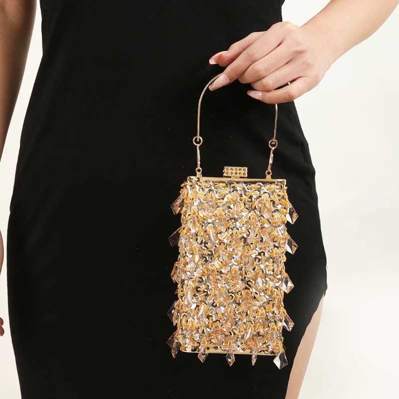 New Arrival Glass Rhinestone Party Gold Clutch Wallet Evening Bag Luxury Designer Womens Handbag Mini Square Tassel Bag T250227